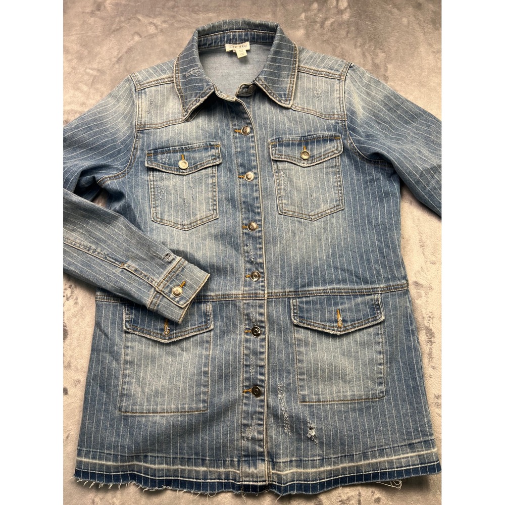 Tribal Jeans Pinstripe Denim Jacket Light Wash Distressed Chore Coat Small 71470